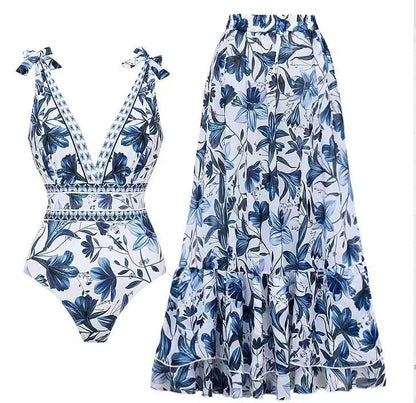 Printed Pleated Swimsuit Set