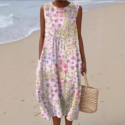 Printed Pocket Elegant Long Dress, Slim-Fit Fresh and Casual Dress