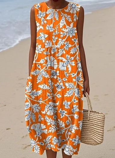 Printed Pocket Elegant Long Dress, Slim-Fit Fresh and Casual Dress