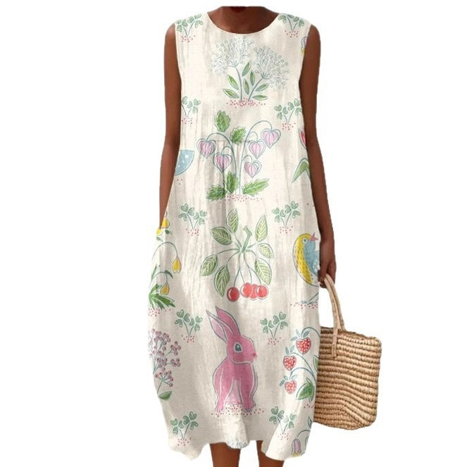 Printed Pocket Elegant Long Dress, Slim-Fit Fresh and Casual Dress