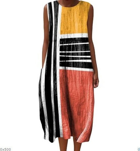Printed Pocket Elegant Long Dress, Slim-Fit Fresh and Casual Dress
