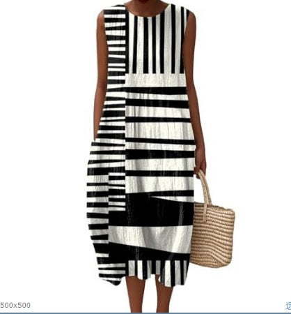 Printed Pocket Elegant Long Dress, Slim-Fit Fresh and Casual Dress