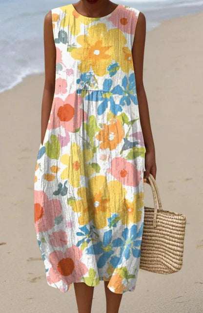 Printed Pocket Elegant Long Dress, Slim-Fit Fresh and Casual Dress