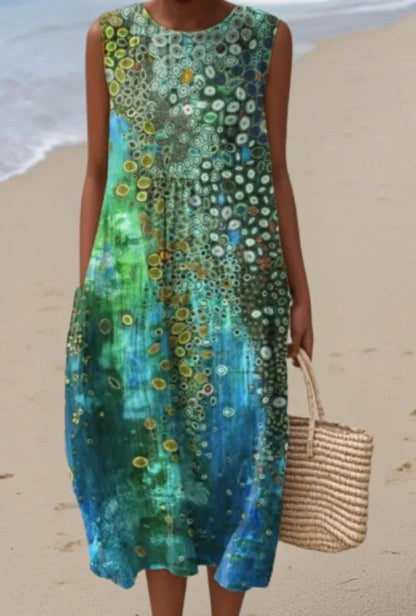 Printed Pocket Elegant Long Dress, Slim-Fit Fresh and Casual Dress