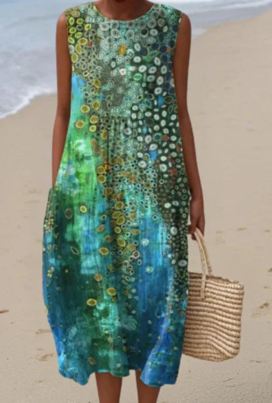 Printed Pocket Elegant Long Dress, Slim-Fit Fresh and Casual Dress