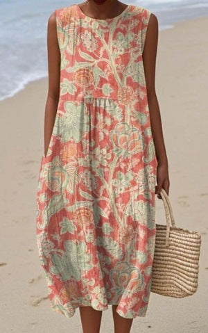 Printed Pocket Elegant Long Dress, Slim-Fit Fresh and Casual Dress