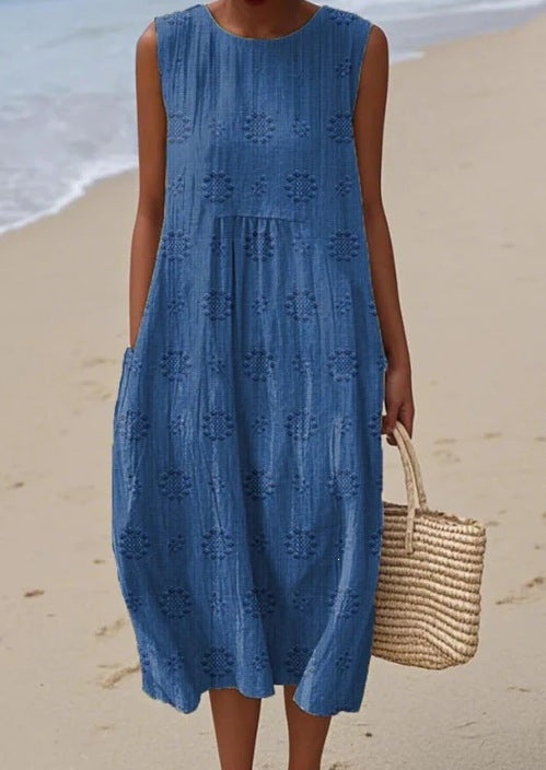 Printed Pocket Elegant Long Dress, Slim-Fit Fresh and Casual Dress