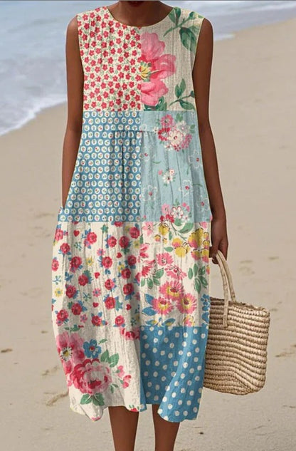 Printed Pocket Elegant Long Dress, Slim-Fit Fresh and Casual Dress