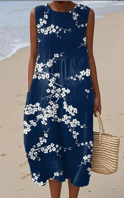 Printed Pocket Elegant Long Dress, Slim-Fit Fresh-Casual Dress
