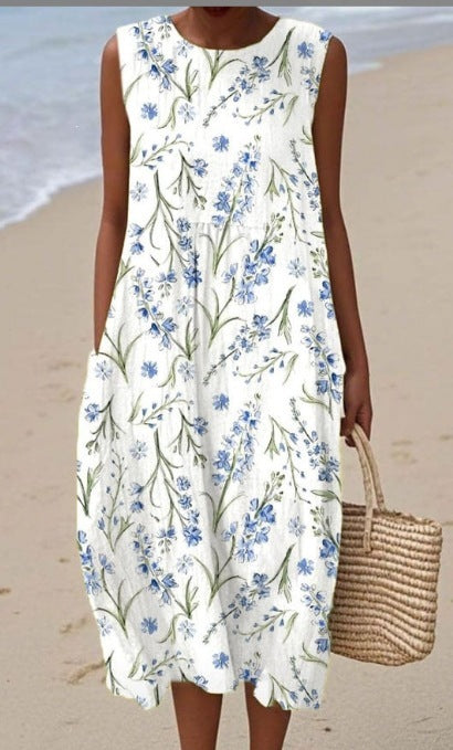 Printed Pocket Elegant Long Dress, Slim-Fit Fresh-Casual Dress