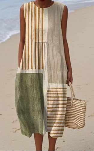 Printed Pocket Elegant Long Dress, Slim-Fit Fresh-Casual Dress