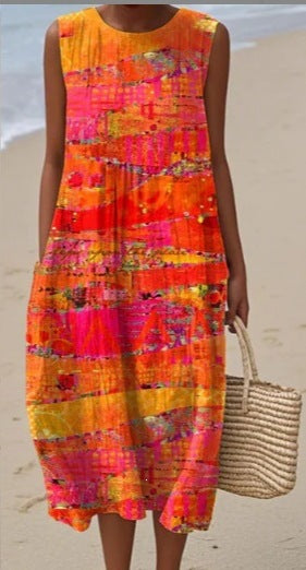 Printed Pocket Elegant Long Dress, Slim-Fit Fresh-Casual Dress