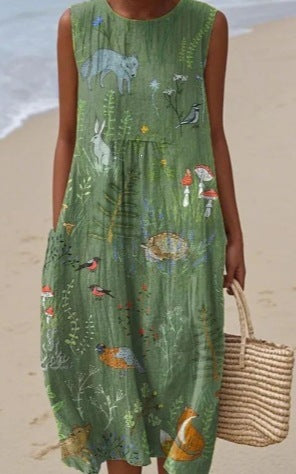 Printed Pocket Elegant Long Dress, Slim-Fit Fresh-Casual Dress