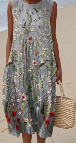 Printed Pocket Elegant Long Dress, Slim-Fit Fresh-Casual Dress