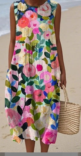 Printed Pocket Elegant Long Dress, Slim-Fit Fresh-Casual Dress
