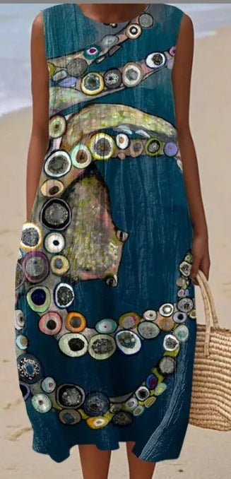 Printed Pocket Elegant Long Dress, Slim-Fit Fresh-Casual Dress