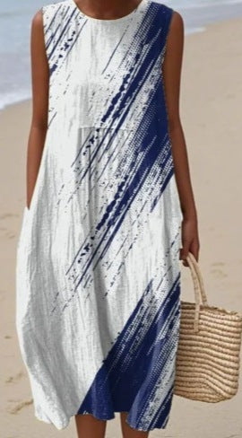 Printed Pocket Elegant Long Dress, Slim-Fit Fresh-Casual Dress