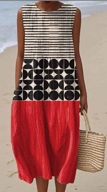 Printed Pocket Elegant Long Dress, Slim-Fit Fresh-Casual Dress