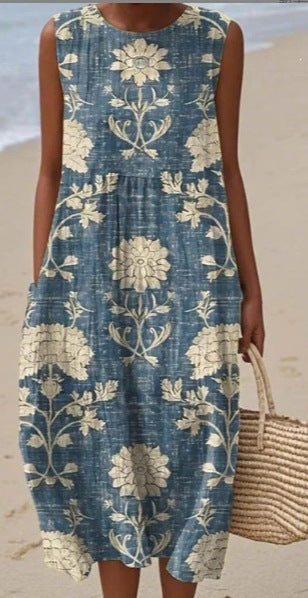 Printed Pocket Elegant Long Dress, Slim-Fit Fresh-Casual Dress