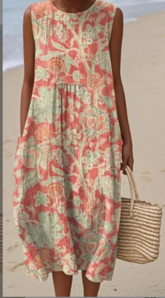 Printed Pocket Elegant Long Dress, Slim-Fit Fresh-Casual Dress