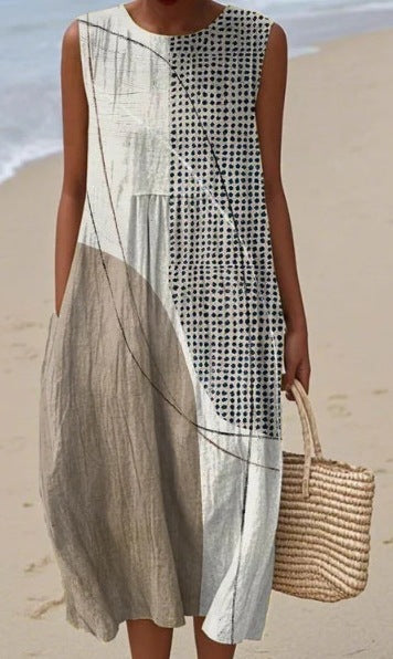 Printed Pocket Elegant Long Dress, Slim-Fit Fresh-Casual Dress