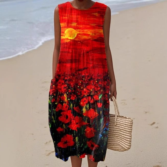 Printed Pocket Elegant Long Dress, Slim-Fit Fresh-Casual Dress