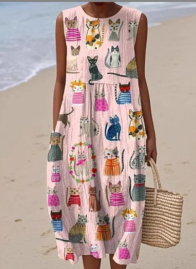 Printed Pocket Elegant Long Dress, Slim-Fit Fresh-Casual Dress