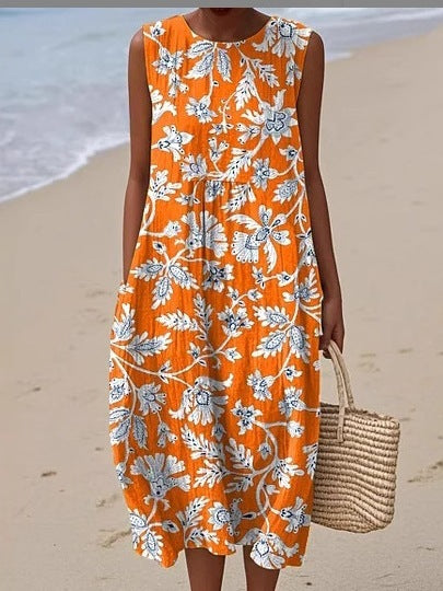 Printed Pocket Elegant Long Dress, Slim-Fit Fresh-Casual Dress