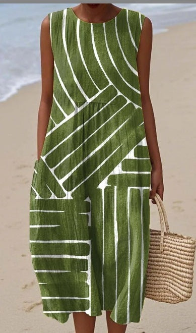 Printed Pocket Elegant Long Dress, Slim-Fit Fresh-Casual Dress