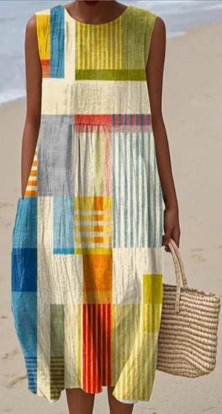 Printed Pocket Elegant Long Dress, Slim-Fit Fresh-Casual Dress