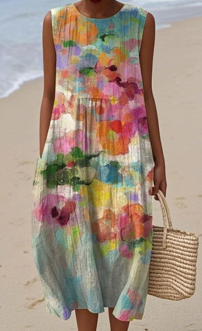 Printed Pocket Elegant Long Dress, Slim-Fit Fresh-Casual Dress
