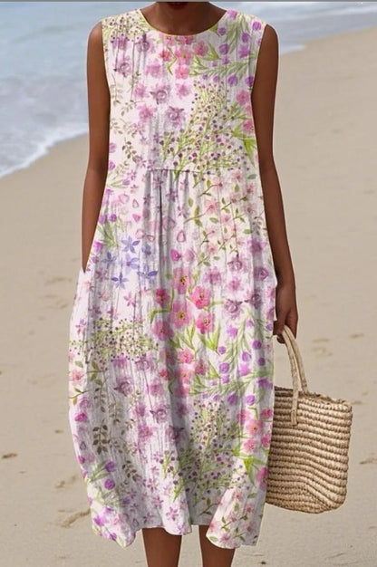 Printed Pocket Elegant Long Dress, Slim-Fit Fresh-Casual Dress