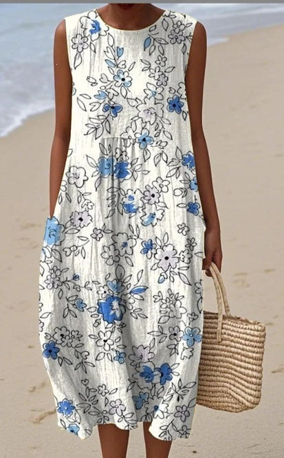 Printed Pocket Elegant Long Dress, Slim-Fit Fresh-Casual Dress