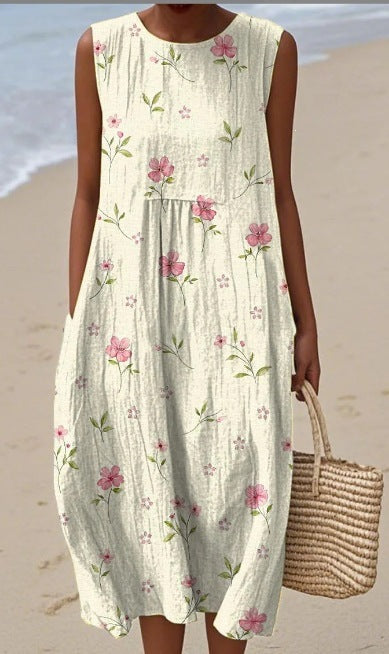 Printed Pocket Elegant Long Dress, Slim-Fit Fresh-Casual Dress