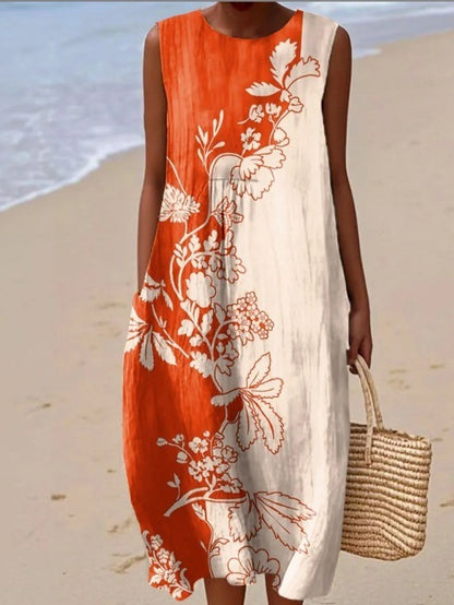 Printed Pocket Elegant Long Dress, Slim-Fit Fresh-Casual Dress