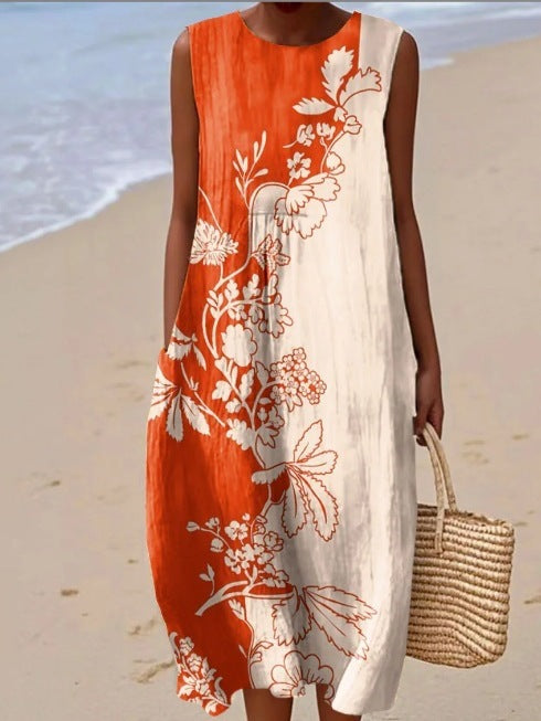 Printed Pocket Elegant Long Dress, Slim-Fit Fresh-Casual Dress