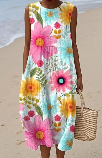Printed Pocket Elegant Long Dress, Slim-Fit Fresh-Casual Dress