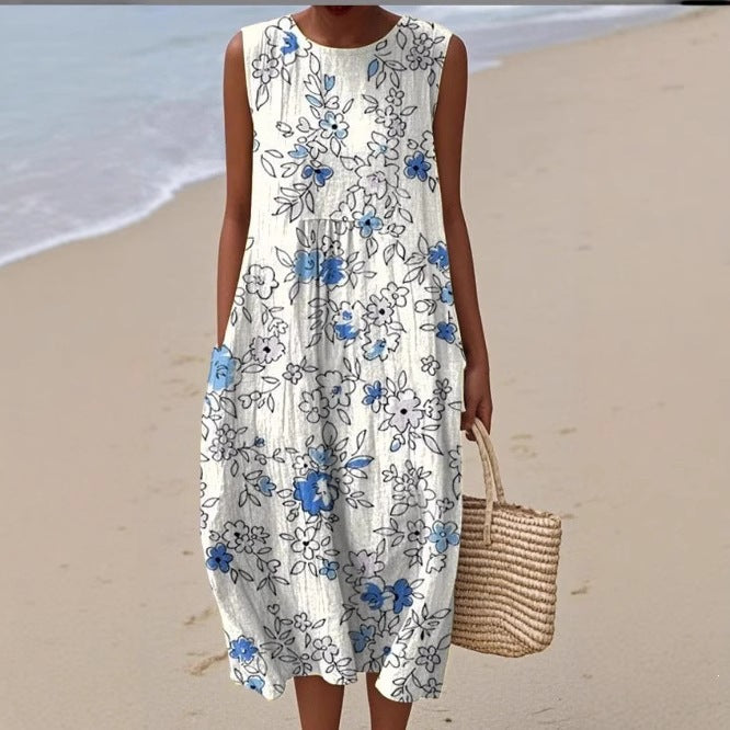 Printed Pocket Elegant Long Dress, Slim-Fit Fresh-Casual Dress