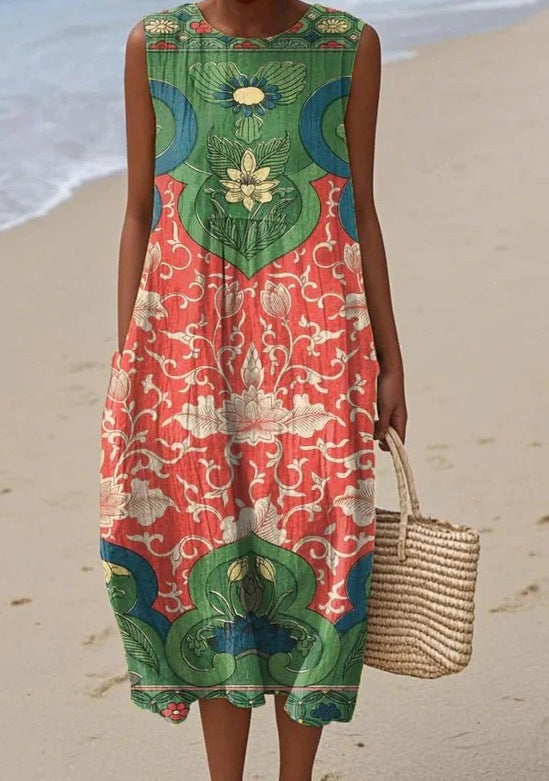 Printed Pocket Elegant Long Dress, Slim-Fit Fresh-Casual Dress