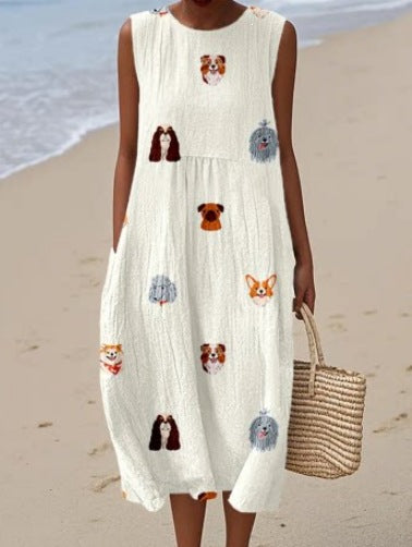 Printed Pocket Elegant Long Dress, Slim-Fit Fresh-Casual Dress