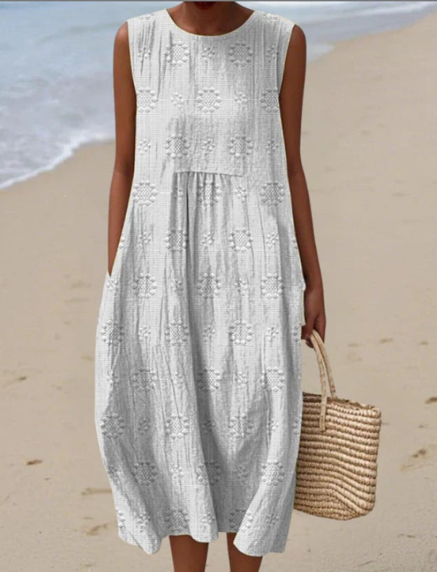 Printed Pocket Elegant Long Dress, Slim-Fit Fresh-Casual Dress