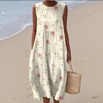 Printed Pocket Elegant Long Dress, Slim-Fit Fresh-Casual Dress