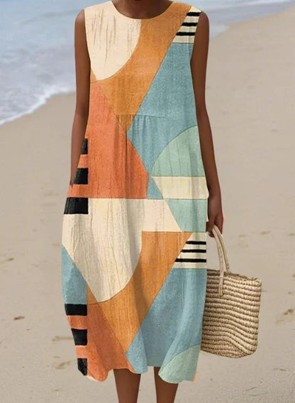 Printed Pocket Elegant Long Dress, Slim-Fit Fresh-Casual Dress