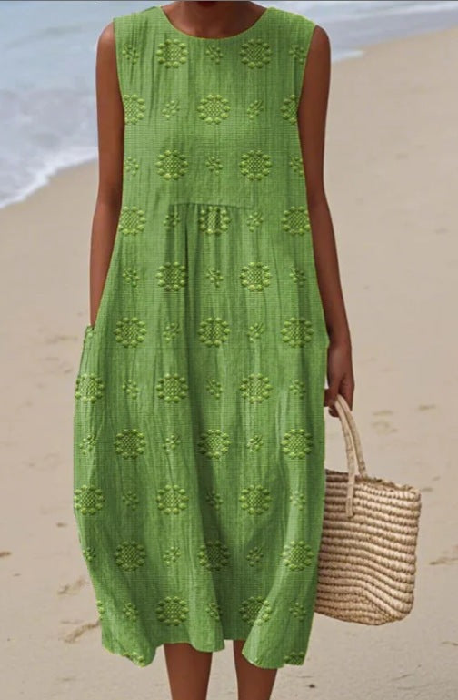 Printed Pocket Elegant Long Dress, Slim-Fit Fresh-Casual Dress