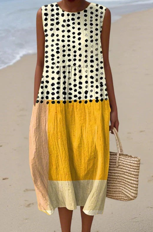 Printed Pocket Elegant Long Dress, Slim-Fit Fresh-Casual Dress