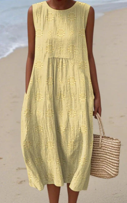 Printed Pocket Elegant Long Dress, Slim-Fit Fresh-Casual Dress