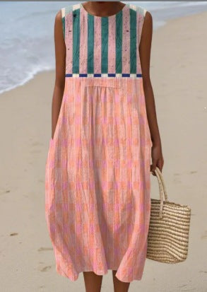 Printed Pocket Elegant Long Dress, Slim-Fit Fresh-Casual Dress