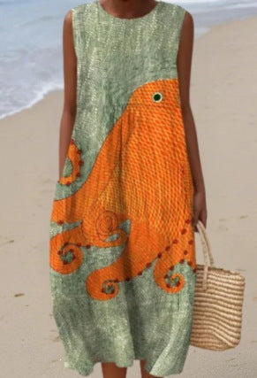 Printed Pocket Elegant Long Dress, Slim-Fit Fresh-Casual Dress