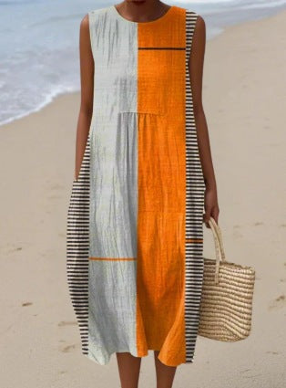Printed Pocket Elegant Long Dress, Slim-Fit Fresh-Casual Dress