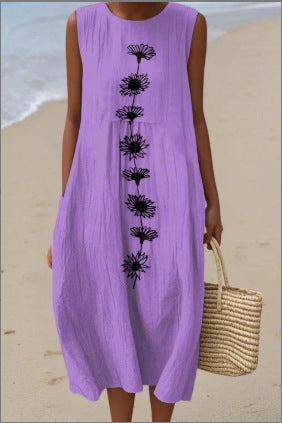 Printed Pocket Elegant Long Dress, Slim-Fit Fresh-Casual Dress